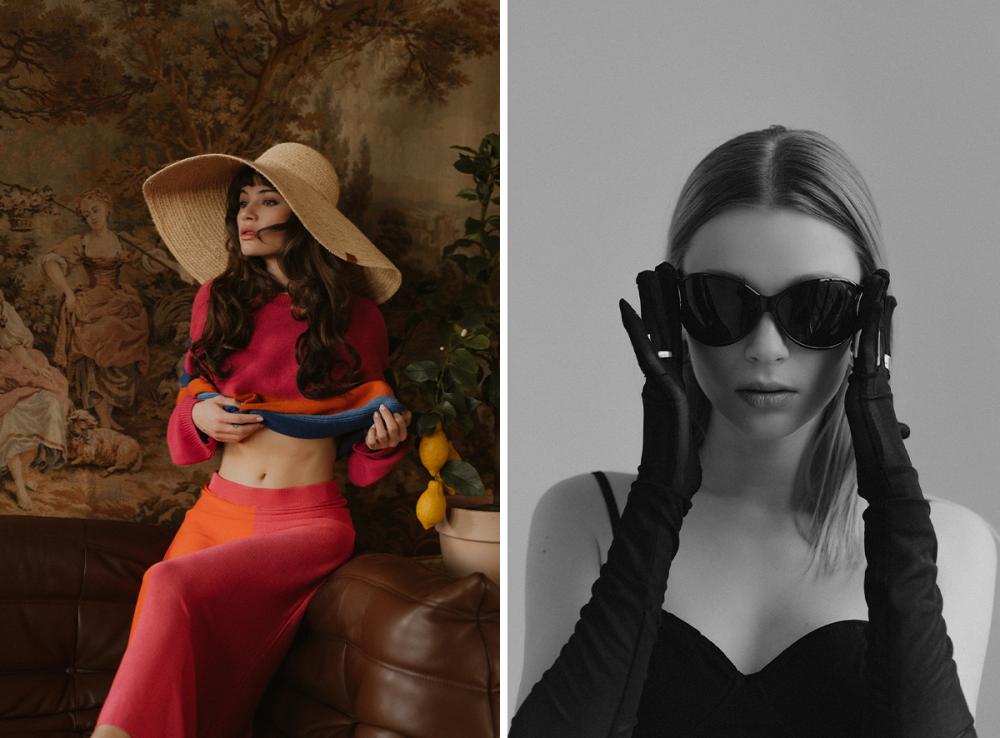 Bild 1: Eine Frau mit einem großen Strohhut sitzt auf einem Sofa mit Zitronen. Bild 2: Eine Frau mit schwarzen Handschuhen und Sonnenbrille hält ihre Hände an ihr Gesicht.