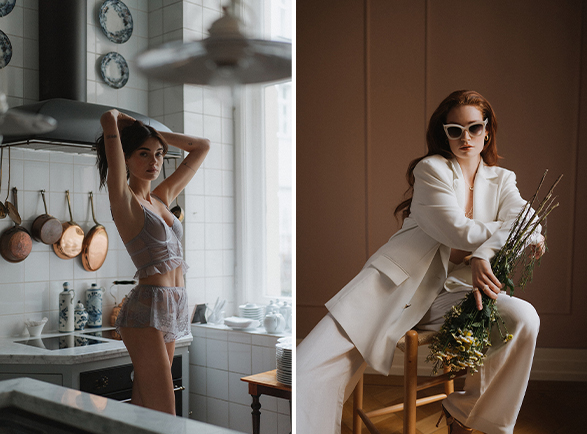 Bild 1: Eine Frau steht in einer Küche und hält sich den Kopf. Bild 2: Eine Frau in einem weißen Anzug hält Blumen auf einem Stuhl.