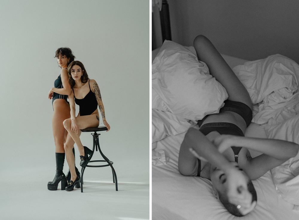 Bild 1: Zwei Frauen sitzen auf einem Hocker, eine steht und hält die andere. Bild 2: Eine Frau liegt auf einem Bett und hält ihre Beine hoch.