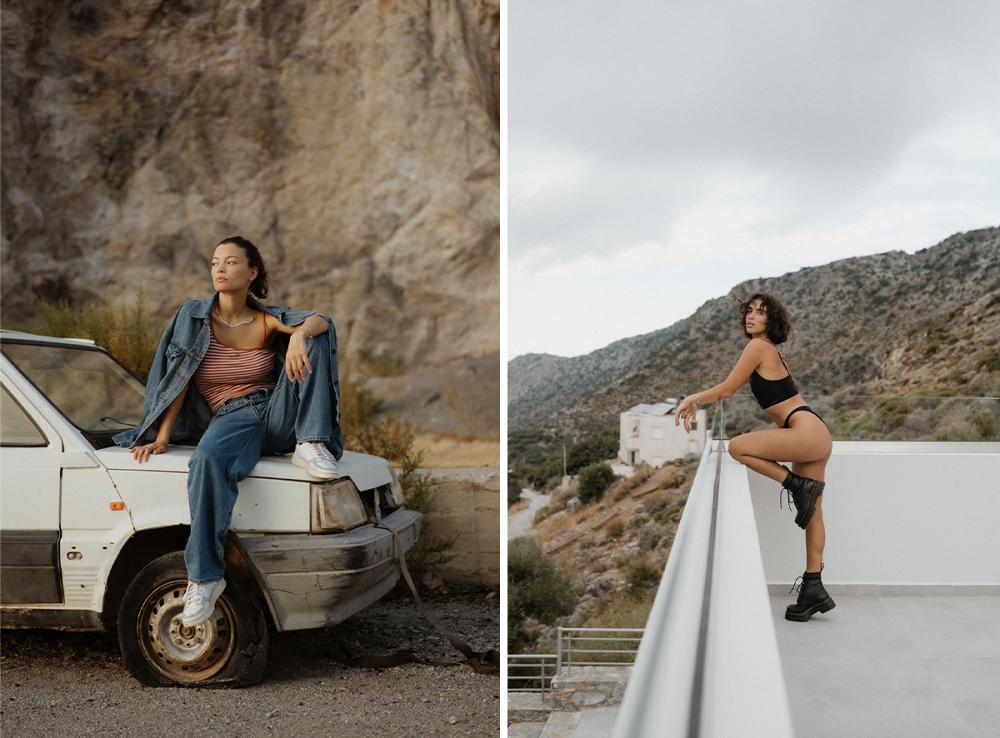 Bild 1: Eine Frau sitzt auf einem Auto in einer felsigen Umgebung. Bild 2: Eine Frau lehnt sich über ein Geländer mit Blick auf die Berge.
