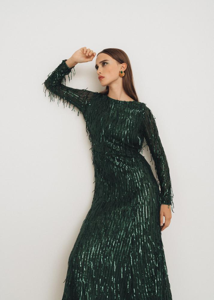 Eine Frau in einem grünen, glitzernden Abendkleid mit langen Ärmeln posiert vor einem weißen Hintergrund.
