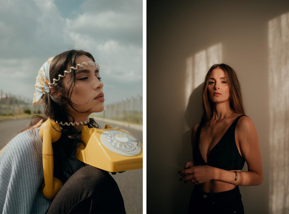 Bild 1: Eine Frau mit einem Kopftuch trägt ein altes Telefon wie ein Schal um ihren Hals gebunden. Bild 2: Eine Frau steht im Schatten mit einem schwarzen Top.