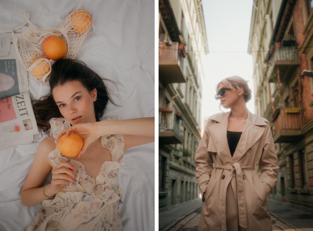 Bild 1: Eine Frau liegt auf einem Bett mit Orangen und einem Netzbeutel. Bild 2: Eine Frau steht in einer engen Gasse mit einem beigen Trenchcoat und Sonnenbrille.