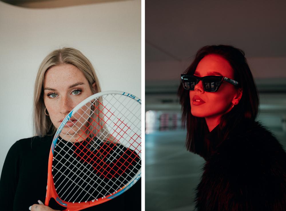 Bild 1: Eine Frau hält einen Tennisschläger vor ihr Gesicht. Bild 2: Eine Frau mit roten Lichtern auf dem Gesicht und einer Sonnenbrille.