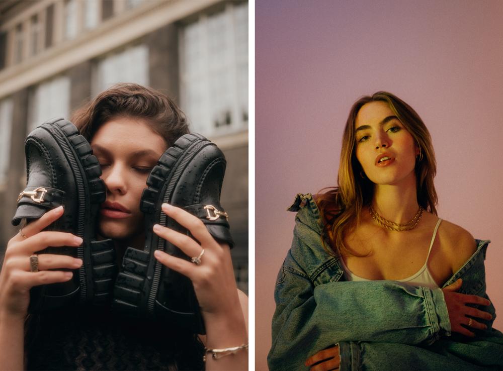 Bild 1: Eine Frau hält ein Paar schwarze Schuhe vor ihr Gesicht. Bild 2: Eine Frau mit einer goldenen Kette und einem offenen Hemd.