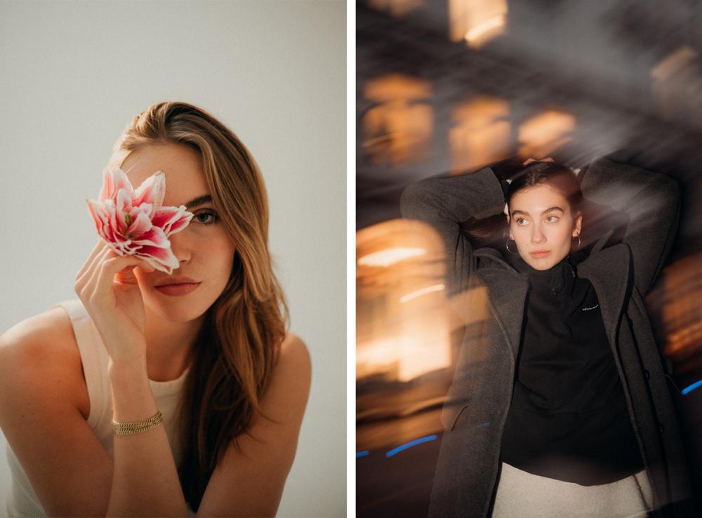 Bild 1: Eine Frau hält eine Blume vor ihr Auge. Bild 2: Eine Frau liegt auf dem Boden mit einer Jacke und einem verschwommenen Hintergrund.