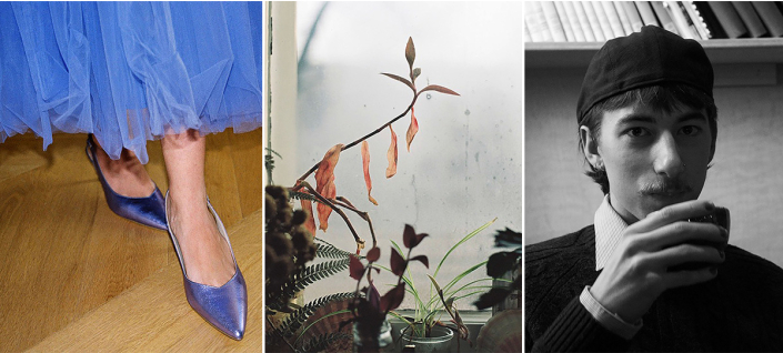 Links: Das Ende eines Blauen Kleids, kombiniert mit spitzen, blauen Schuhen.
Mitte: Verschiedene Pflanzen vor einem beschlagenen Fenster.
Rechts: Schwarz-Weiß-Portrait eines jungen Mannes.