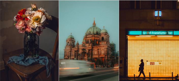 Ein Triptychon: Ein Glas mit Blumen auf einem Holztisch, der Berliner Dom bei Sonnenuntergang mit vorbeifahrenden Autos, und eine Person, die an einem U-Bahn-Eingang vorbeigeht.