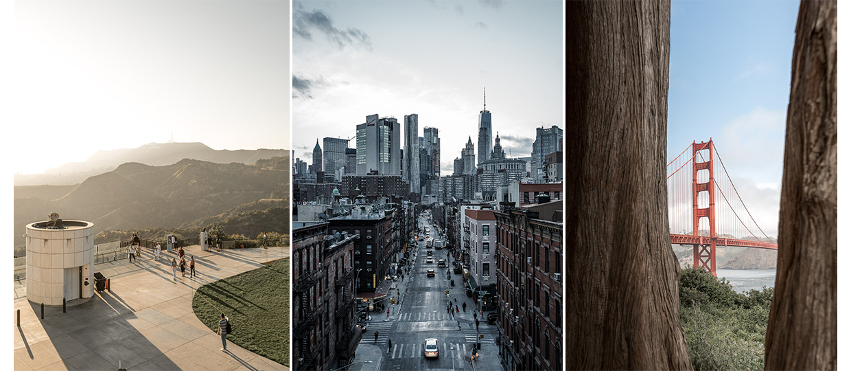 Links: Ein sonniger Aussichtspunkt mit Wanderweg
Mitte: eine Stadt mit Hochhäusern
Rechts: die ikonische rote Golden-Gate-Bridge zwischen Bäumen.