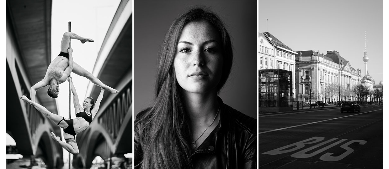 Links: Zwei Artisten turnen an einer Stange.
Mitte: Portrait einer Frau mit Sommersprossen, braunen, langen Haaren und einer Lederjacke.
Rechts: Große Straße in Berlin, im Hintergrund sieht man den Fernsehturm.
