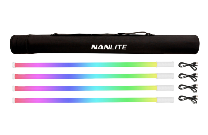 "NANLITE PavoTube T8-7X 4Kit, mit 4 Farb-Effektleuchten „PavoTube T8-7X“, je 8 W, 100 cm. Röhrenform. Weißlicht 2700-7500 K, CRI: 96, TLCI: 97