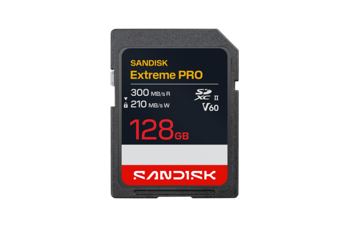 SanDisk 128 GB SDXC Extreme PRO R300MB/s W210MB/s UHS-II V60 U3 C10 6K Sp.karte