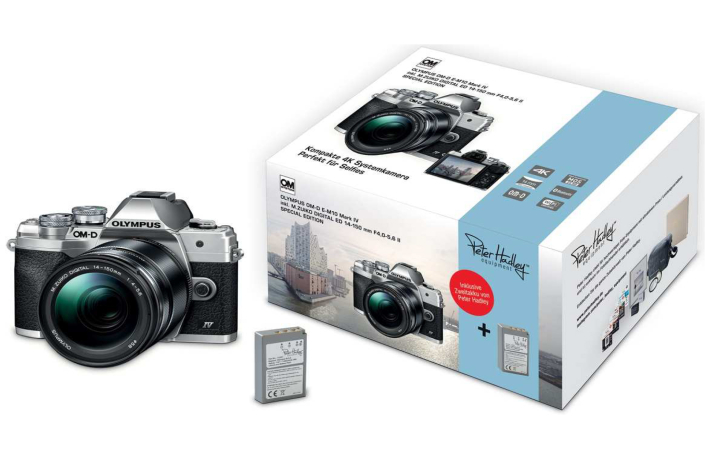 Olympus OM-D E-M10 Mark IV Kit + 14-150 Kit silber Special Edition incl. Peter Hadley BLS-5 Akku