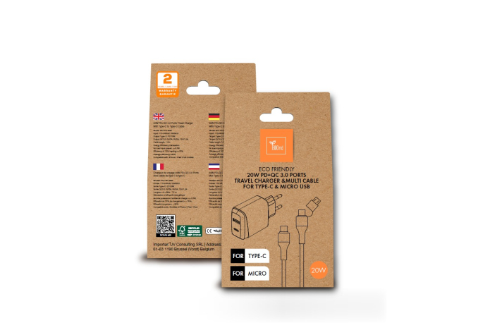 BIOnd Eco-Friendly Travel Chargers Dual port USB-C & Q.C USB +Type-C toType-C with Micro Connector Cable