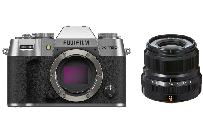 Fujifilm X-T50 silber Gehäuse + Fujifilm Fujinon XF 23 mm F2,0 R WR schwarz