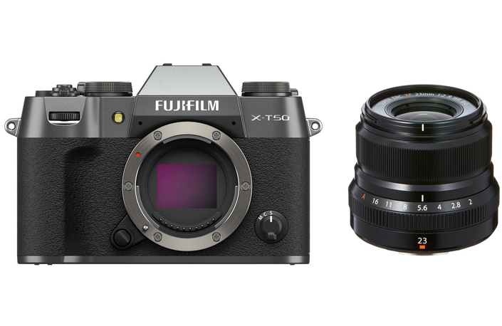 Fujifilm X-T50 charcoal silber Gehäuse + Fujifilm Fujinon XF 23 mm F2,0 R WR schwarz