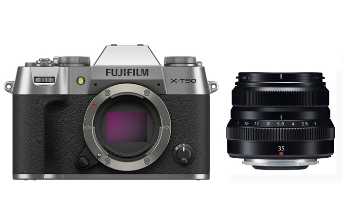Fujifilm X-T50 silber Gehäuse + Fujifilm Fujinon XF 35 mm F2,0 R WR schwarz
