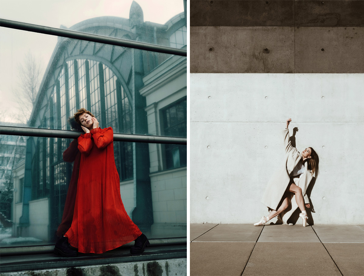 Bild 1: Eine Tänzerin in rotem Kleid macht eine Pose vor einem modernen Glasgebäude. Bild 2: Eine Frau posiert vor einer weißen Betonwand.