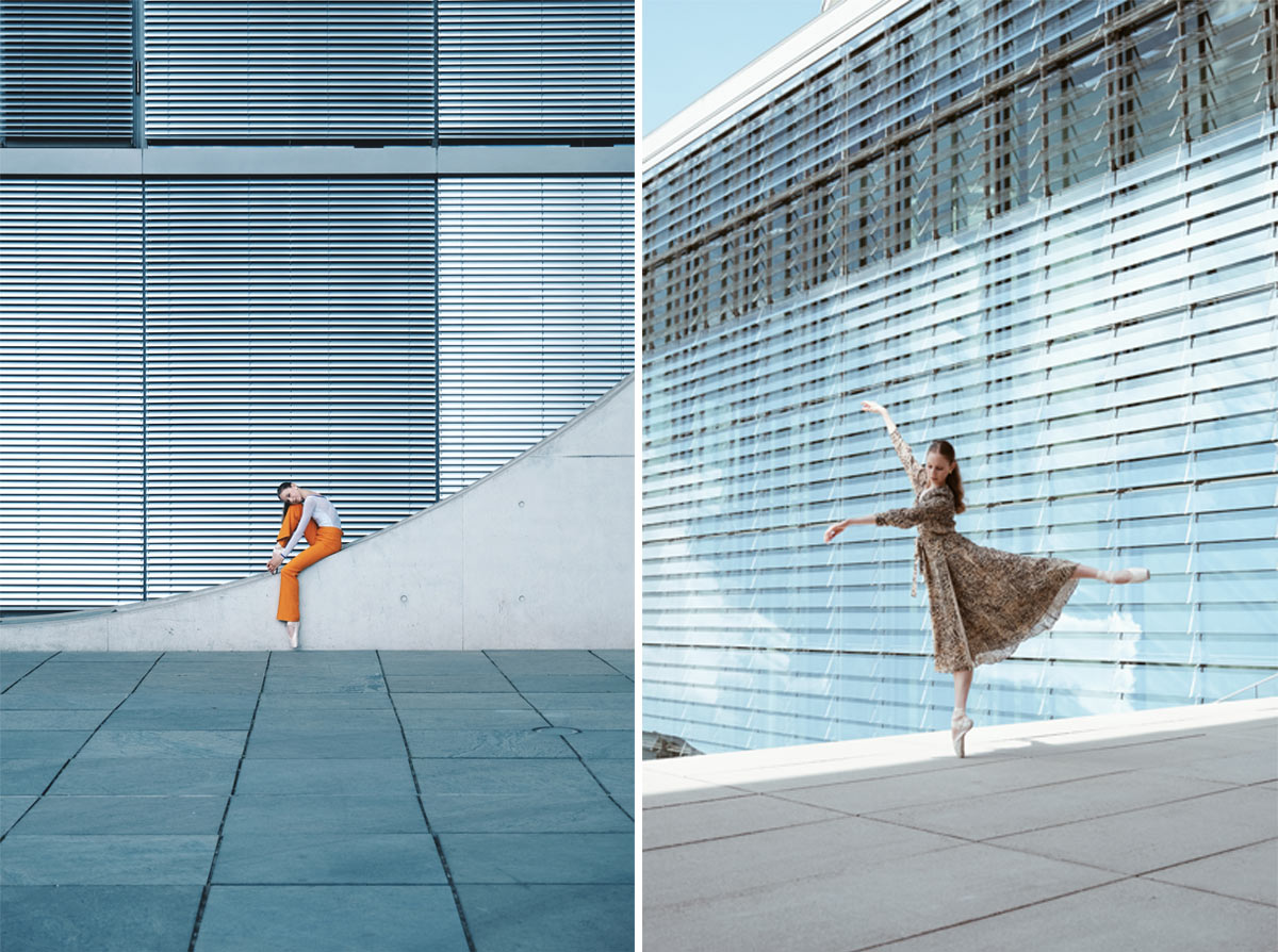 Bild 1: Ein Tänzer in orangefarbener Hose sitzt auf einer Betonrampe vor einem Gebäude mit horizontalen Lamellen. Bild 2: Eine Tänzerin in einem gemusterten Kleid tanzt vor einem Gebäude mit horizontalen Glaslamellen.