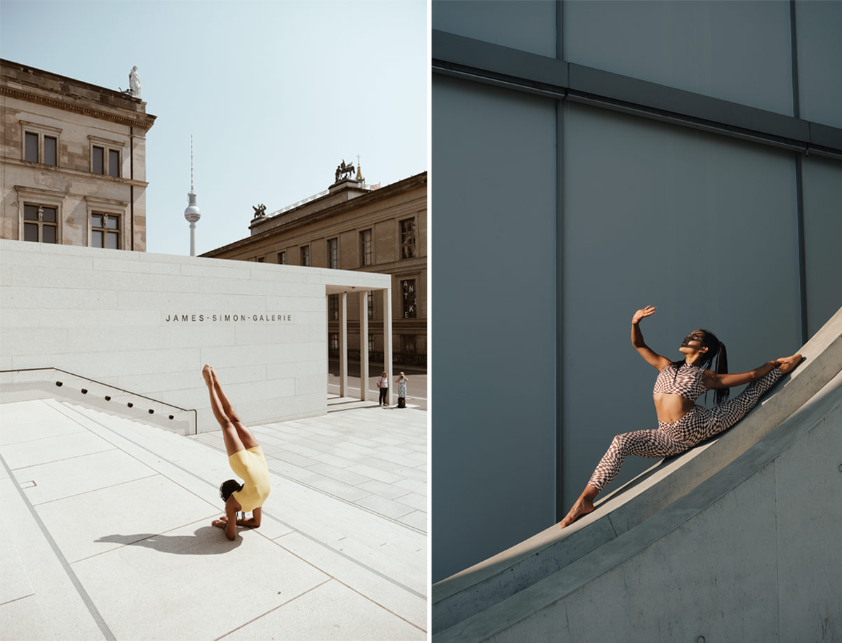 Bild 1: Eine Tänzerin in gelber Kleidung macht einen Handstand vor einem modernen Gebäude mit der Aufschrift "James-Simon-Galerie". Bild 2: Eine Tänzerin in gemustertem Outfit sitzt auf einer Betonrampe vor einem modernen Gebäude.