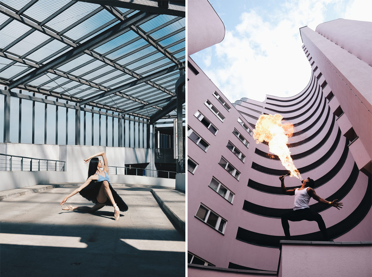 Bild 1: Eine Tänzerin in schwarzem Tutu tanzt unter einem Glasdach. Bild 2: Ein Künstler führt eine Feuerperformance an der Fassade eines pinkfarbenen Gebäudes durch.