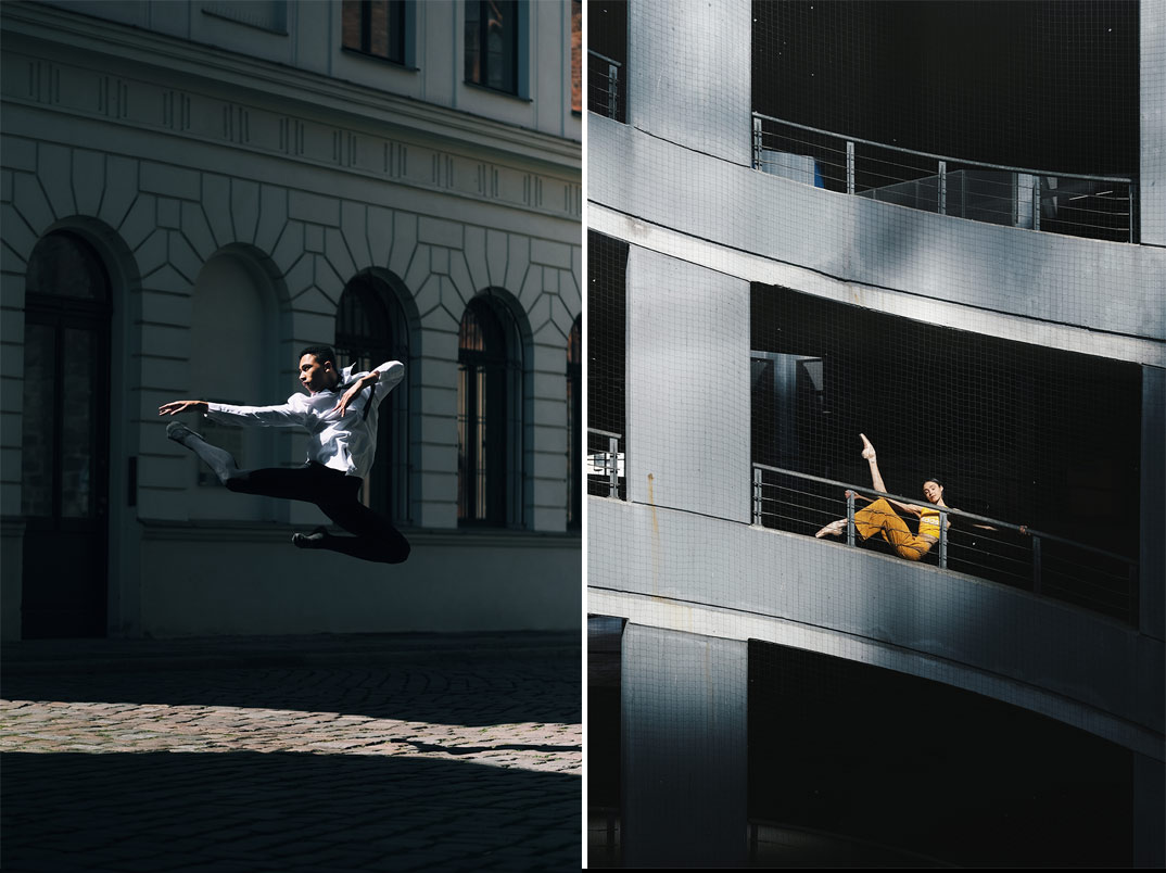 Bild 1: Ein Tänzer in weißem Hemd und schwarzer Hose springt vor einem historischen Gebäude. Bild 2: Eine Tänzerin in gelber Kleidung balanciert auf einem Geländer eines modernen Gebäudes.