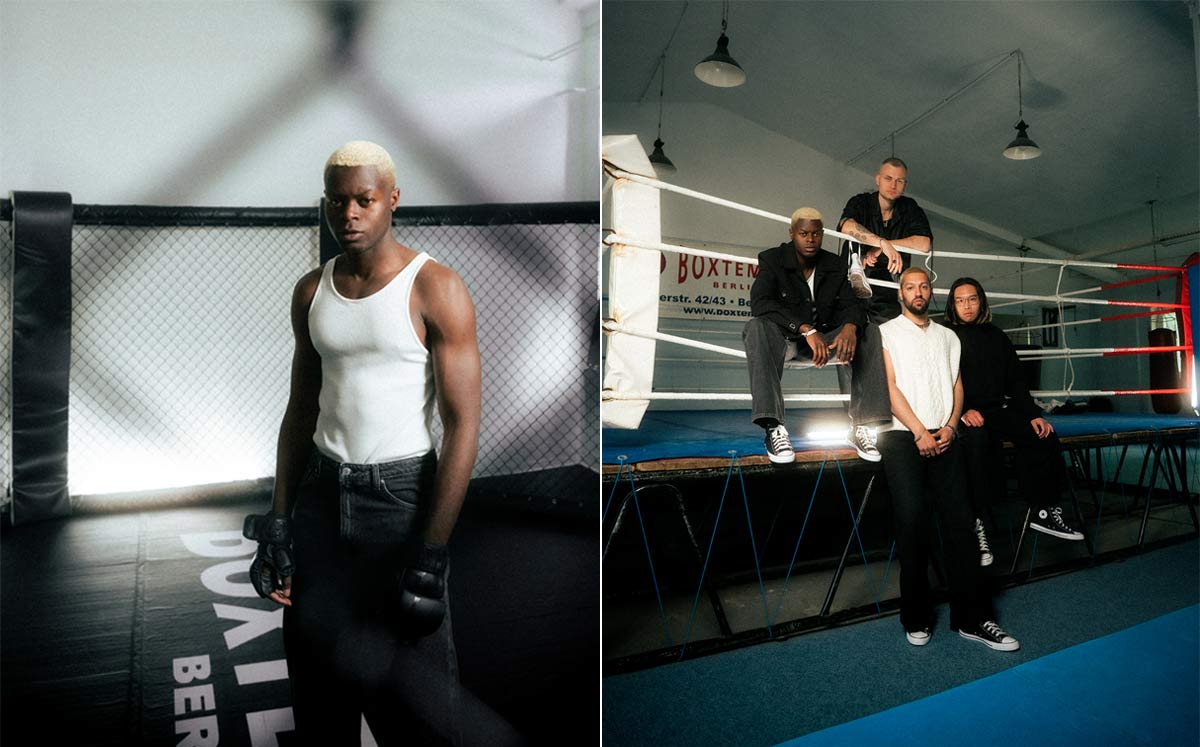 Bild 1: Ein Mann mit blond gefärbten Haaren steht in einem Boxring und trägt ein weißes Tanktop und schwarze Hosen. Bild 2: Vier Männer sitzen und stehen in einem Boxring, einer von ihnen trägt ein weißes Tanktop, während die anderen schwarze Kleidung tra