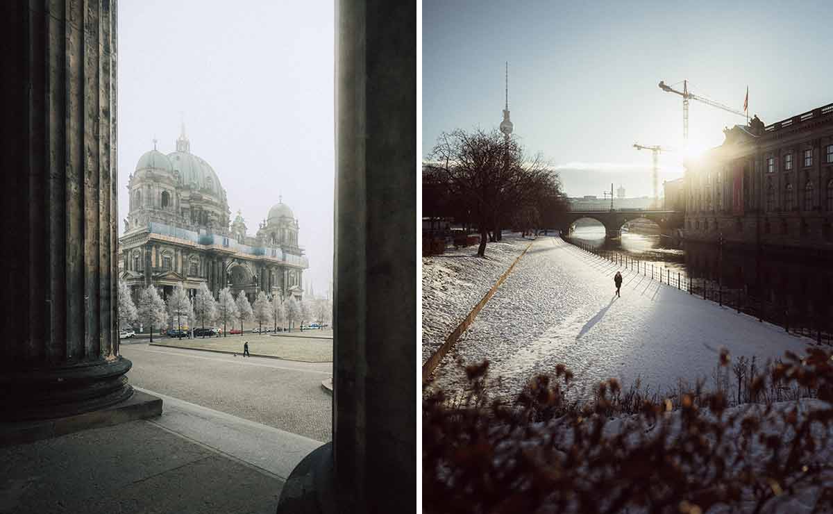 Bild 1: Ein nebliger Blick auf eine Kathedrale durch einen Säulengang. Bild 2: Eine schneebedeckte Landschaft mit einer Person, die einen Weg entlanggeht, und dem Fernsehturm im Hintergrund.