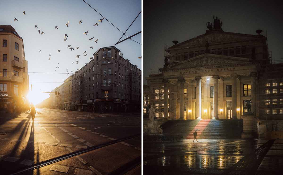 Bild 1: Eine Stadtstraße bei Sonnenaufgang mit einem Schwarm Vögel, die über den Gebäuden fliegen. Bild 2: Ein beleuchtetes historisches Gebäude bei Nacht mit einer Person, die die beleuchteten Stufen hinaufgeht.