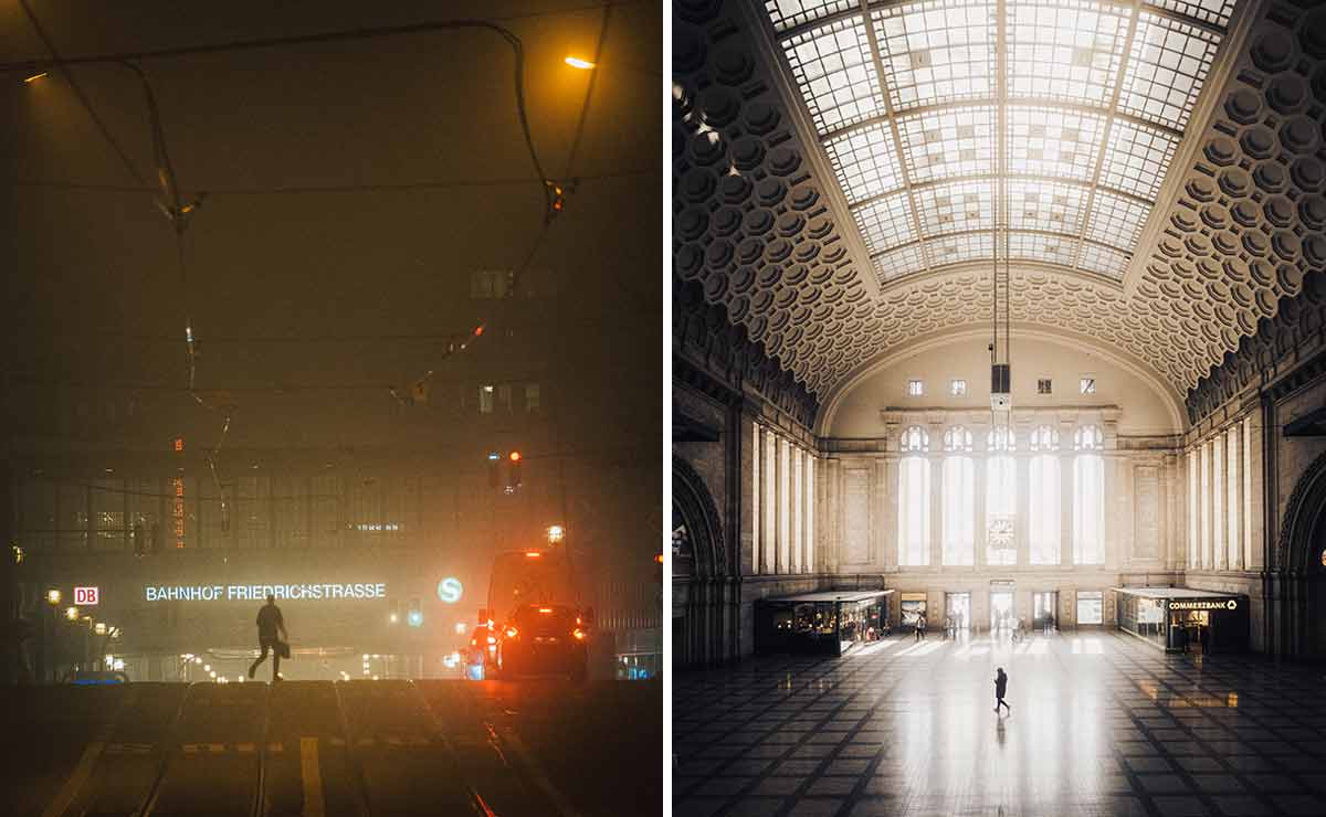 Bild 1: Eine nächtliche Szene eines Bahnhofs mit einer Straßenbahn und einer Person, die die Straße überquert. Bild 2: Das Innere eines großen Bahnhofs mit einem hohen, gewölbten Glasdach und einer Person, die durch den leeren Raum geht.