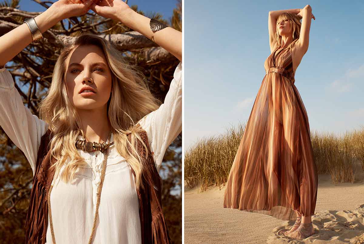 Bild 1: Eine Frau mit blonden Haaren und einem weißen, ärmellosen Oberteil steht mit den Armen über dem Kopf in einer natürlichen Umgebung. Bild 2: Eine Frau in einem langen, braunen Kleid steht in einer Wüstenlandschaft mit den Armen über dem Kopf.