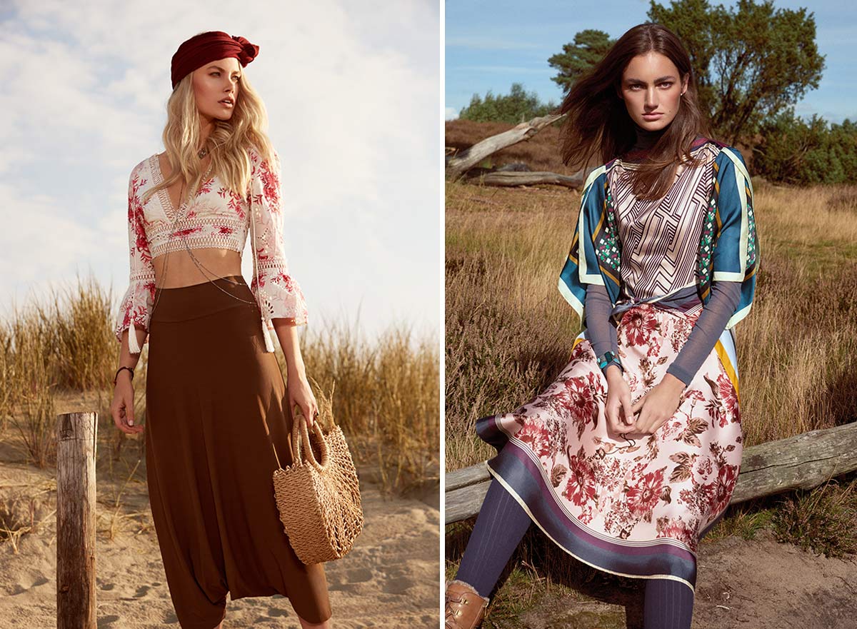 Bild 1: Eine Frau mit einem roten Turban und einem weißen, floralen Oberteil steht in einer natürlichen Umgebung. Bild 2: Eine Frau in einem blauen, gemusterten Kleid sitzt auf einem Holzgeländer in einer ländlichen Umgebung.